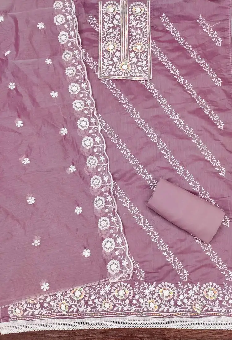 Women's levender unstitched thread embroidery chanderi cotton dress material (cp9101ldr)