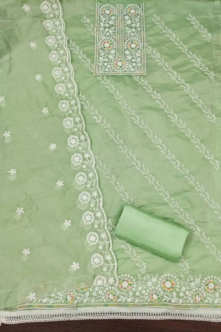 Women's light green unstitched thread embroidery chanderi cotton dress material (cp9101lgn)