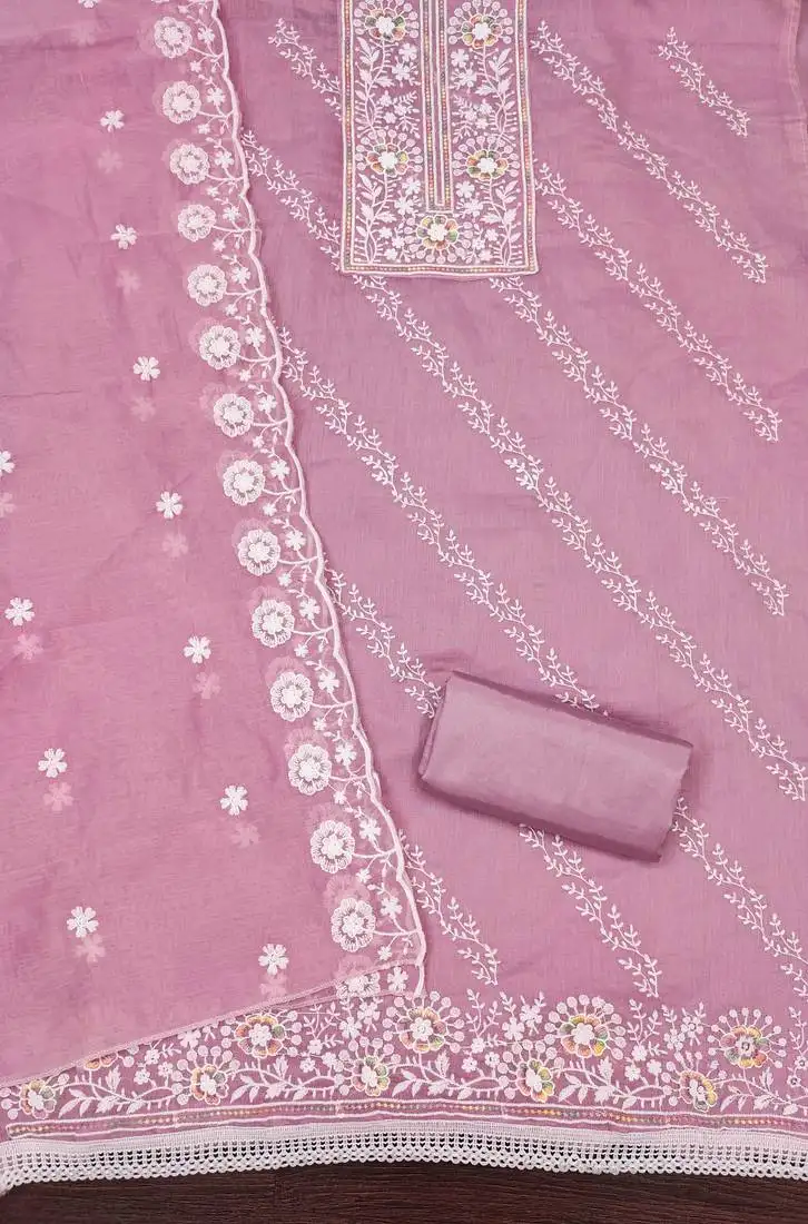 Women's pink unstitched thread embroidery chanderi cotton dress material (cp9101pnk)