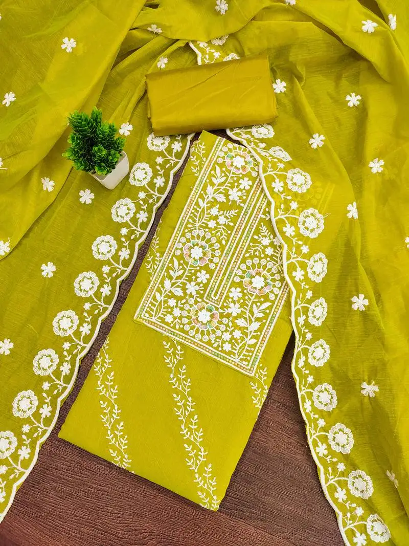 Women's mehandi unstitched thread embroidery chanderi cotton dress material (cp9101mhd)