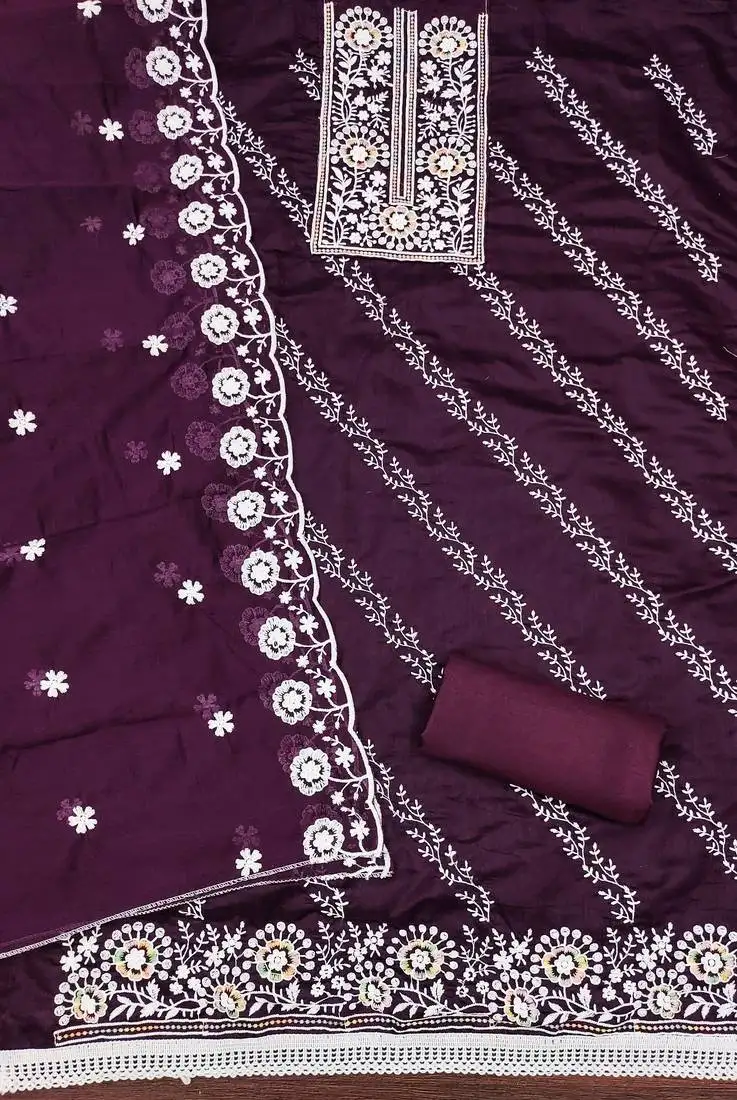 Women's purple unstitched thread embroidery chanderi cotton dress material (cp9101ppl)