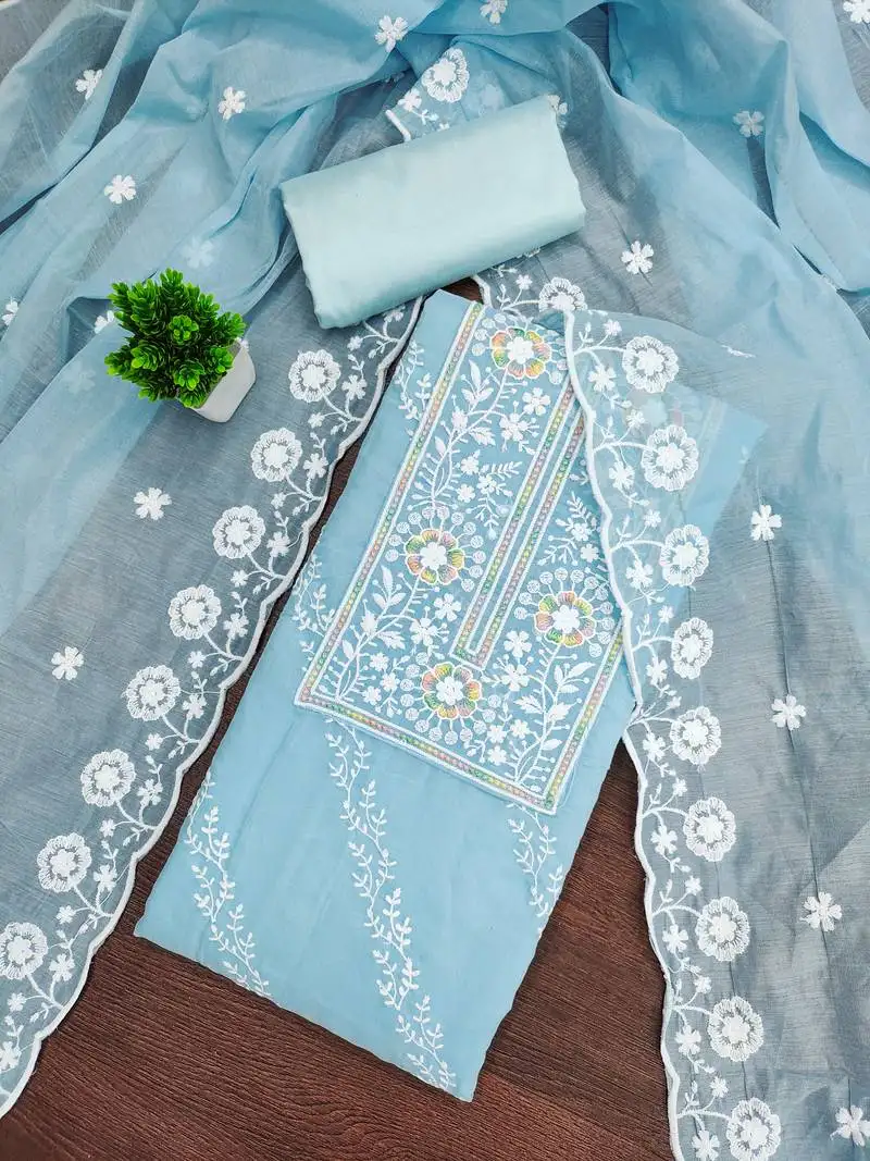 Women's sky blue unstitched thread embroidery chanderi cotton dress material (cp9101sbl)