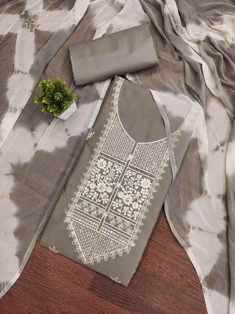 Women's grey unstitched thread embroidery pc cotton dress material (cp9102gry)