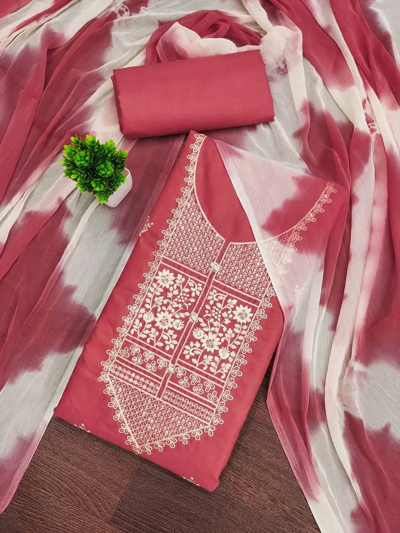 Women's pink unstitched thread embroidery pc cotton dress material (cp9102pnk)