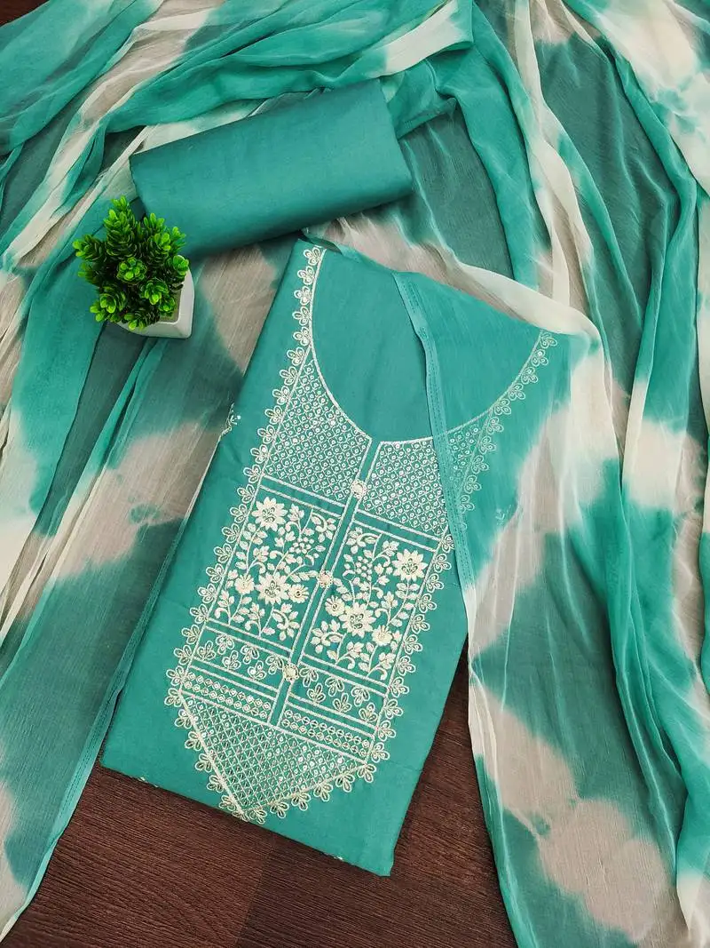 Women's sea green unstitched thread embroidery pc cotton dress material (cp9102sgn)