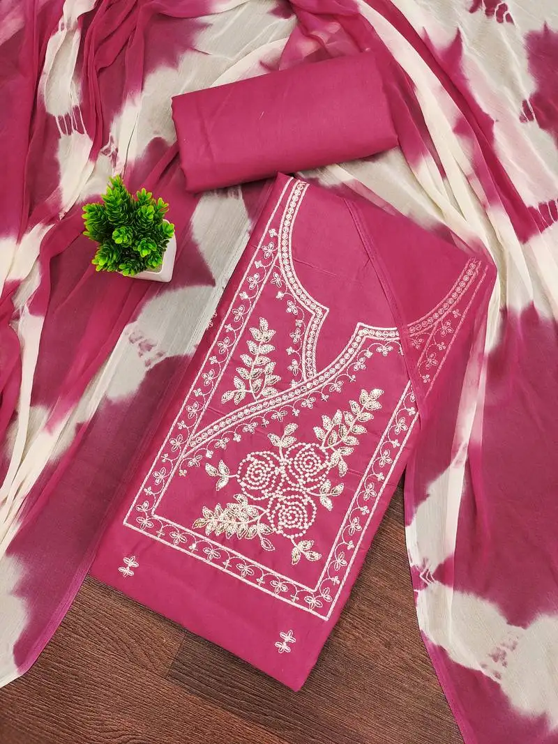 Women's pink unstitched thread sequence embroidery pc cotton dress material (cp9103pnk)