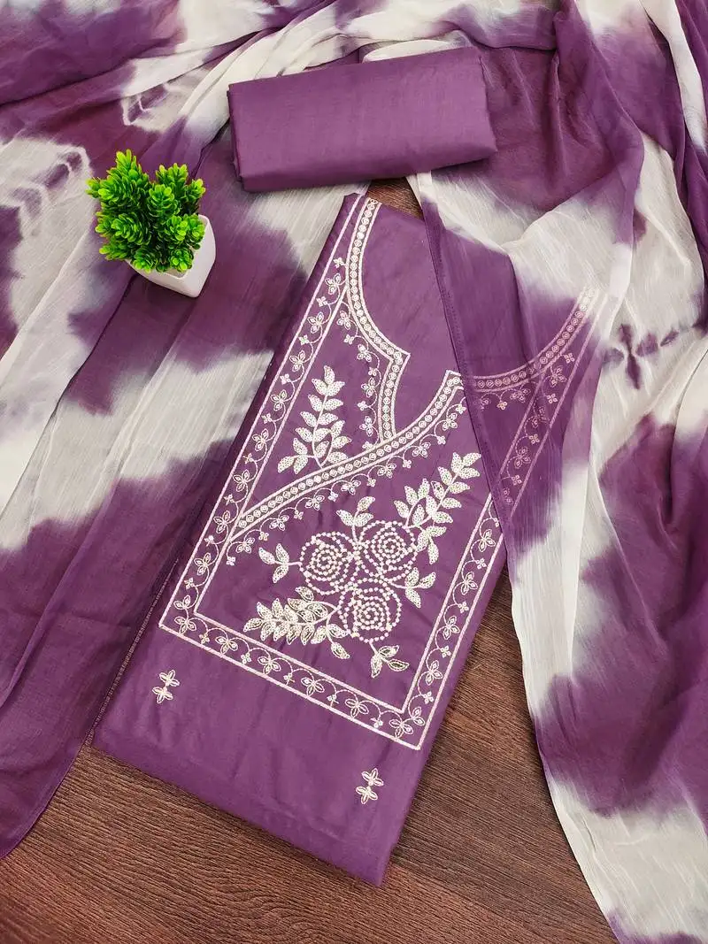 Women's purple unstitched thread sequence embroidery pc cotton dress material (cp9103ppl)