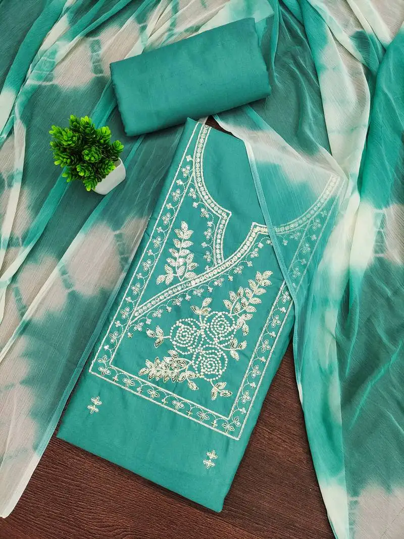 Women's sea green unstitched thread sequence embroidery pc cotton dress material (cp9103sgn)