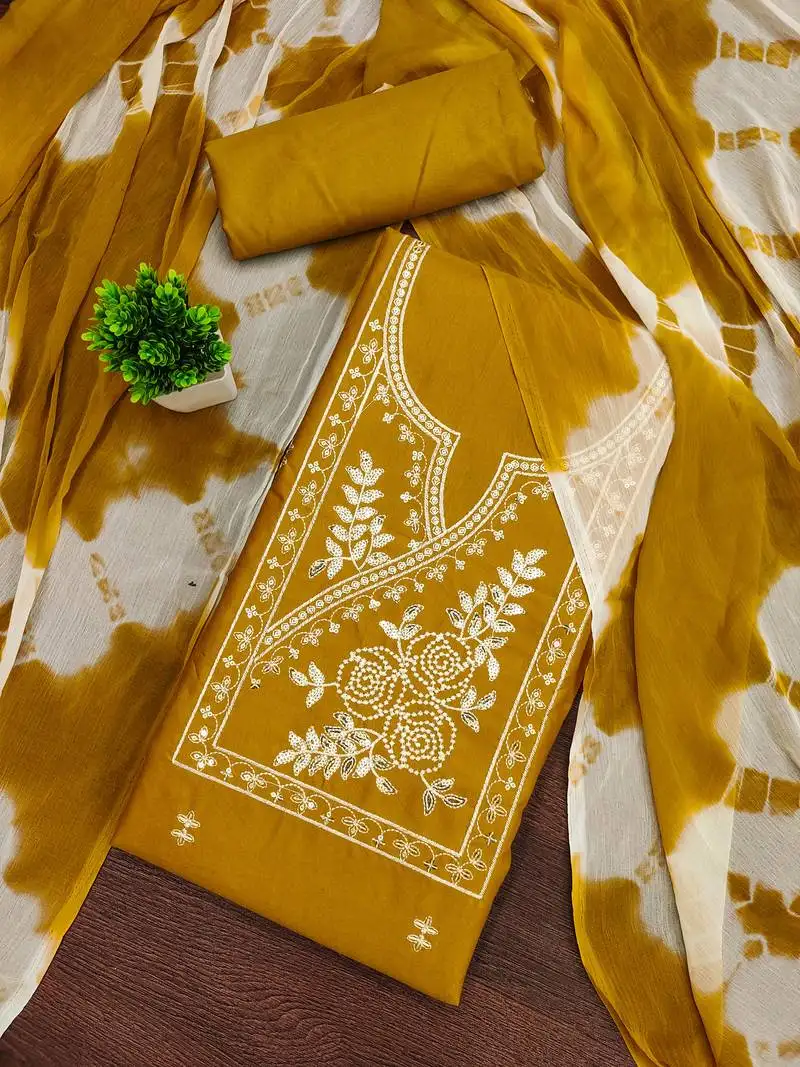 Women's yellow unstitched thread sequence embroidery pc cotton dress material (cp9103ylw)