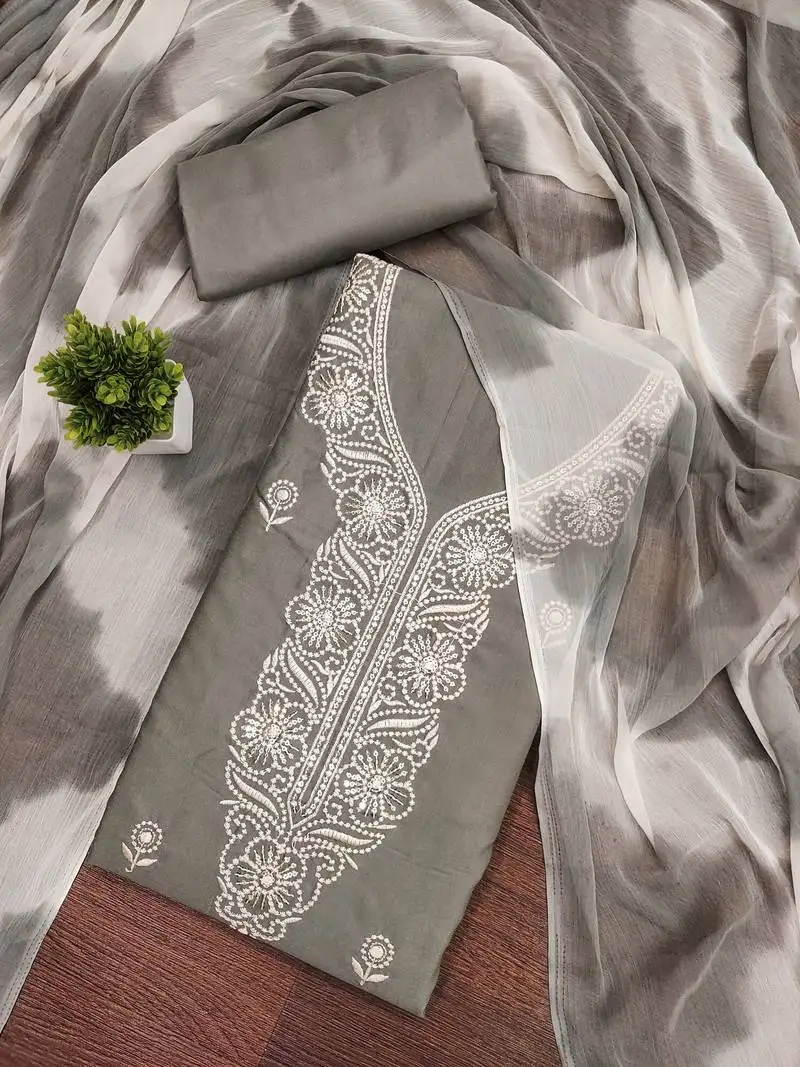 Women's grey unstitched thread sequence embroidery pc cotton dress material (cp9104gry)