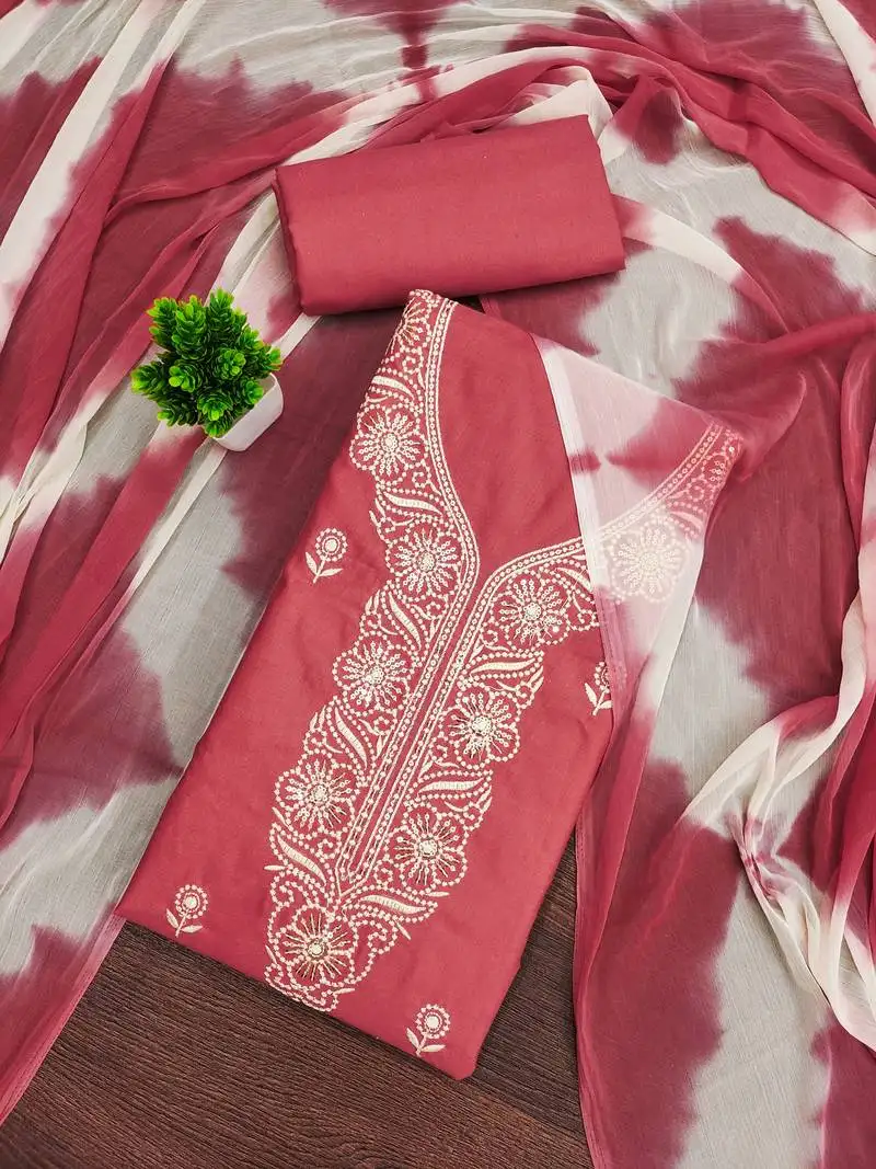 Women's pink unstitched thread sequence embroidery pc cotton dress material (cp9104pnk)