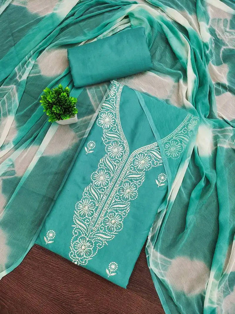 Women's sea green unstitched thread sequence embroidery pc cotton dress material (cp9104sgn)