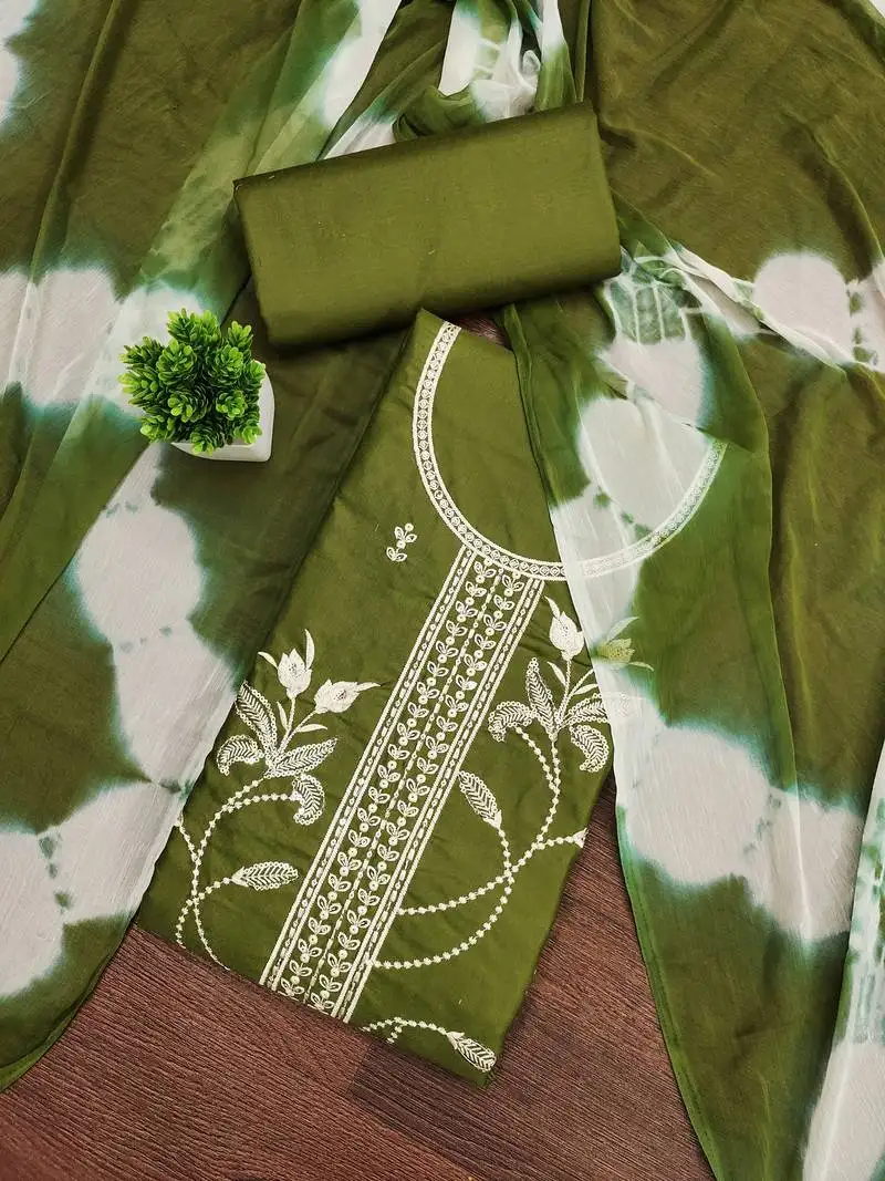 Women's mehandi unstitched thread sequence embroidery pc cotton dress material (cp9105mhd)