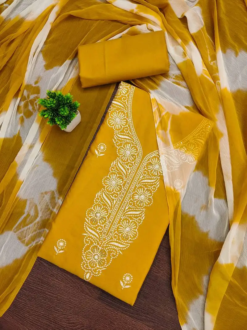 Women's yellow unstitched thread sequence embroidery pc cotton dress material (cp9104ylw)