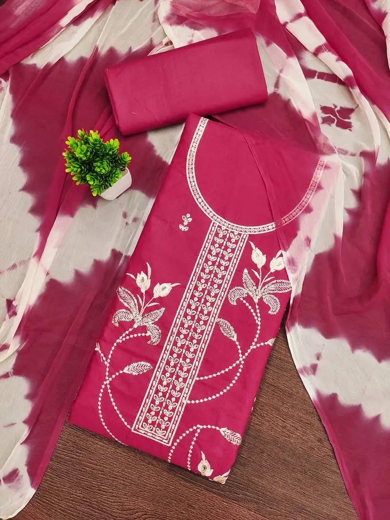 Women's pink unstitched thread sequence embroidery pc cotton dress material (cp9105pnk)