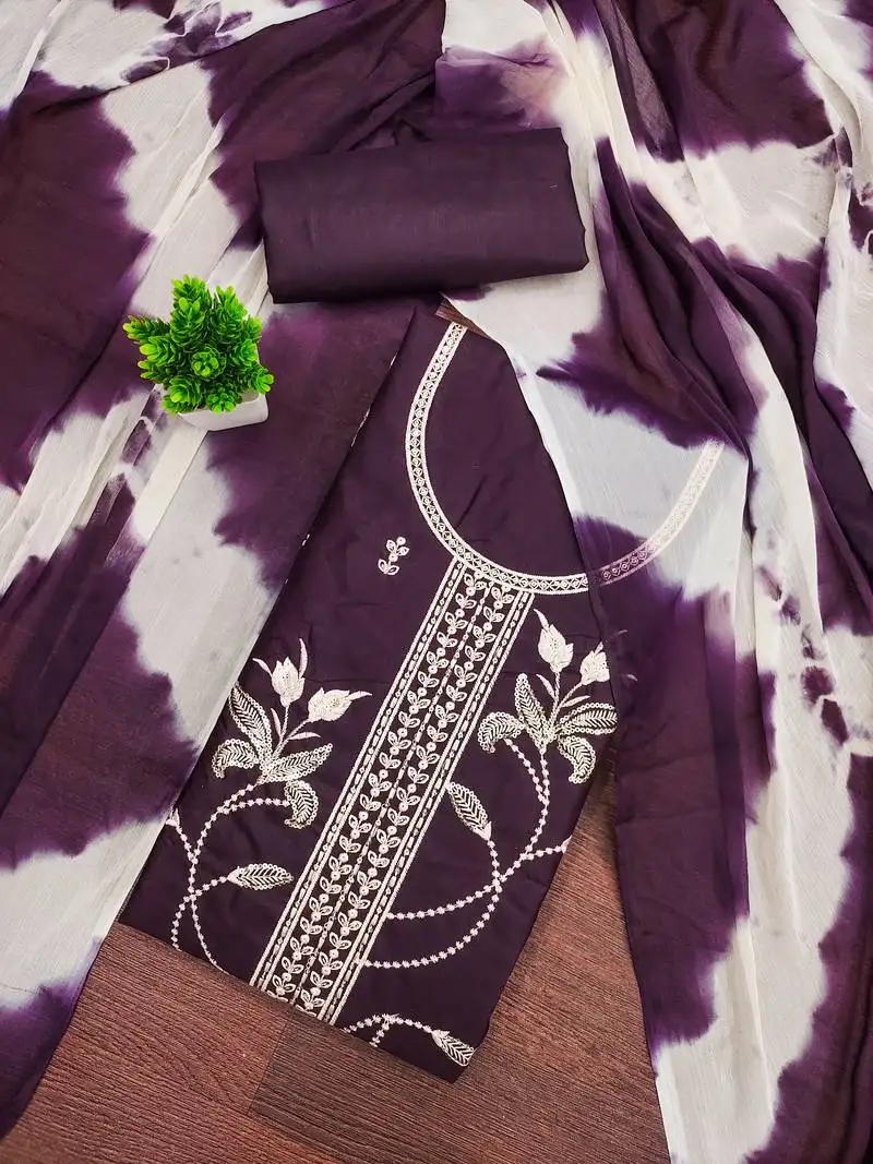 Women's purple unstitched thread sequence embroidery pc cotton dress material (cp9105ppl)