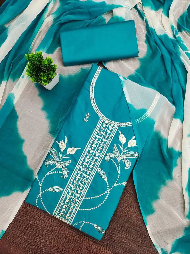 Women's sea green unstitched thread sequence embroidery pc cotton dress material (cp9105sgn)