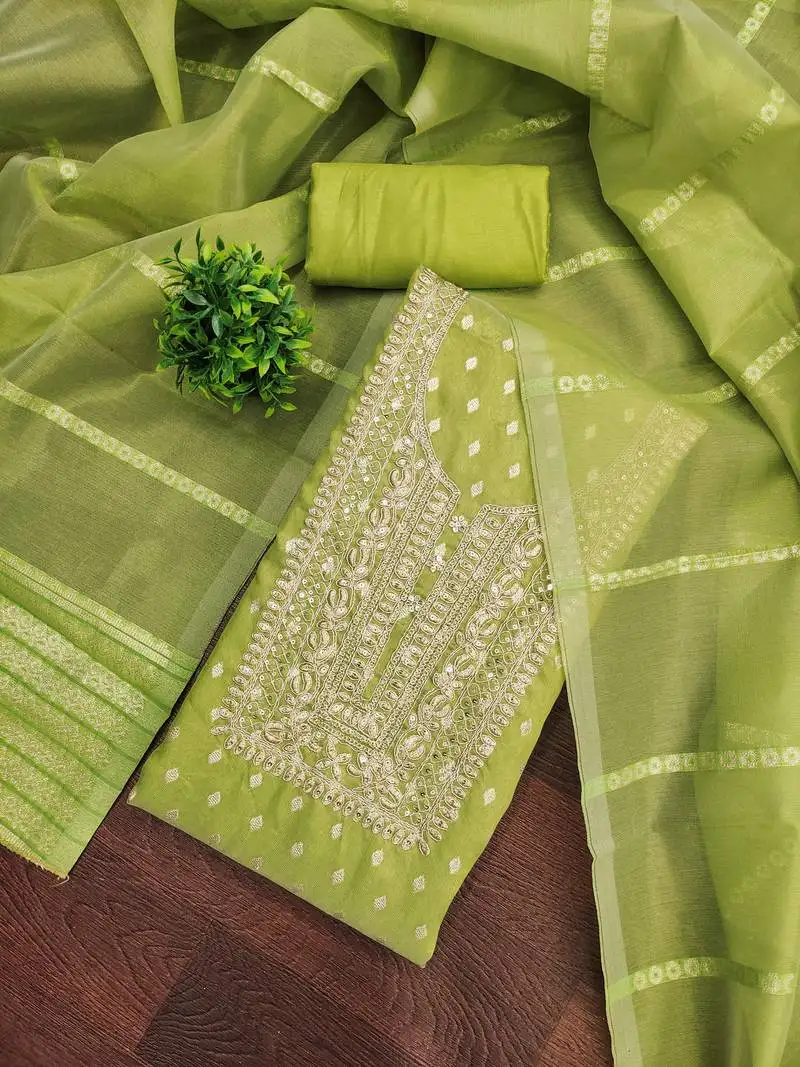 Women's mehandi unstitched woven sequence embroidery simmer buti jacquard dress material (cp9107mhd)