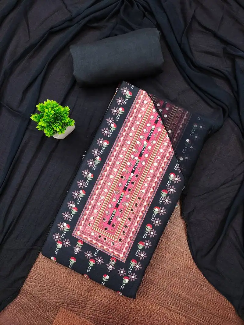 Women's multi unstitched print and mirror work rayon cotton dress material (cp9108grn)