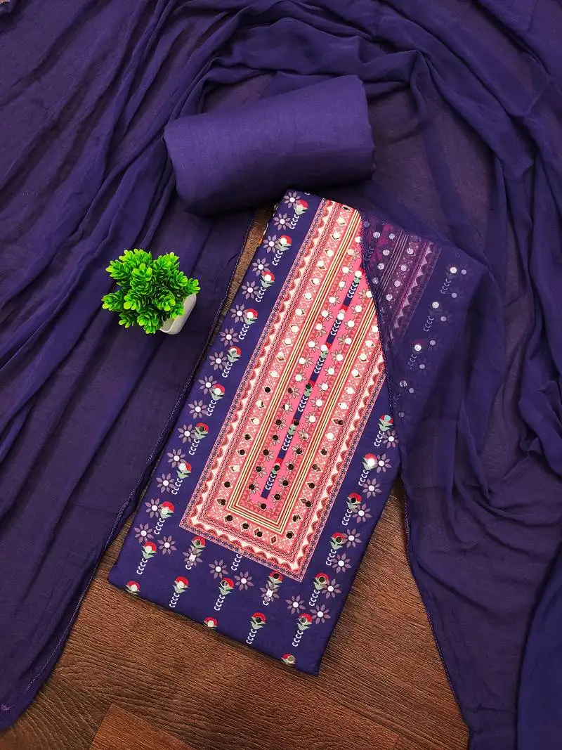 Women's multi unstitched print and mirror work rayon cotton dress material (cp9108rbl)