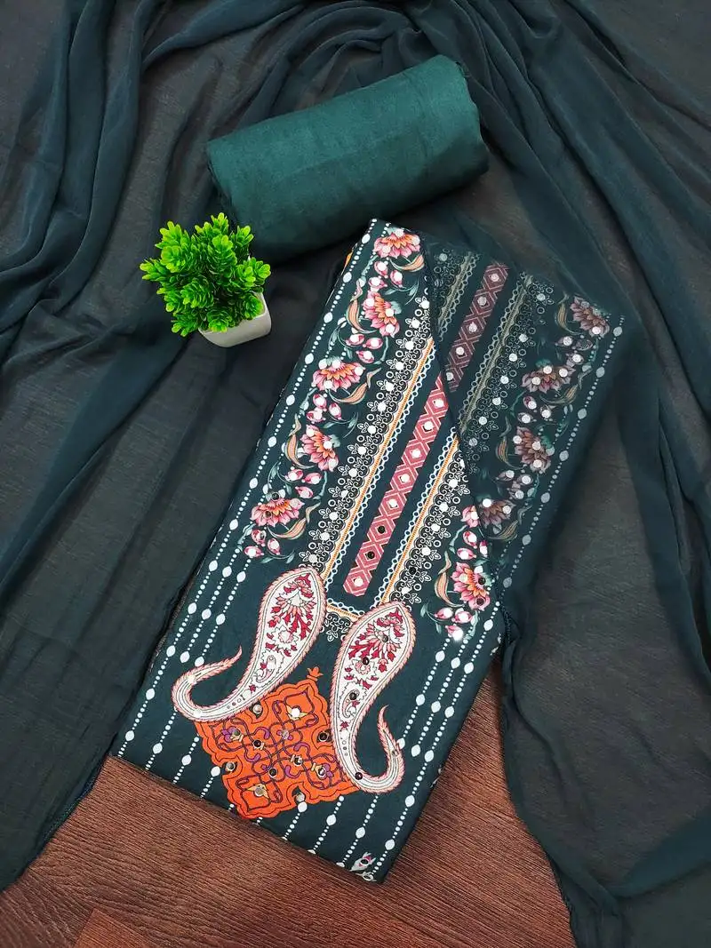 Women's multi unstitched print and mirror work rayon cotton dress material (cp9109grn)