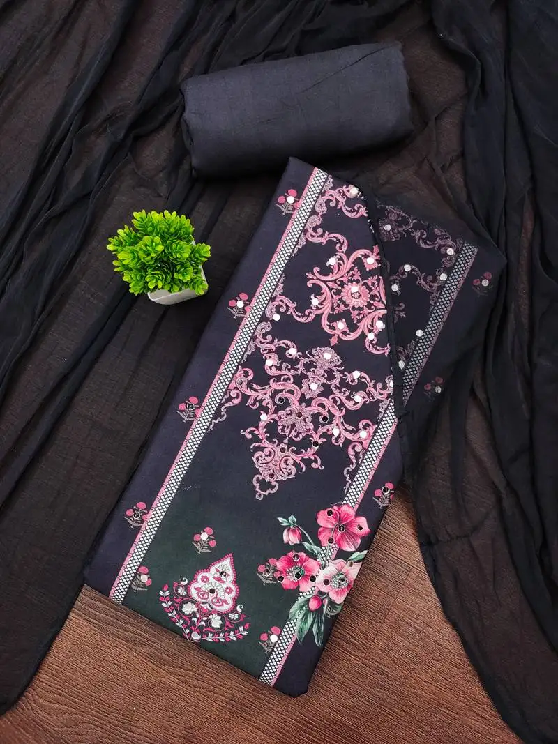 Women's multi unstitched print and mirror work rayon cotton dress material (cp9110blk)