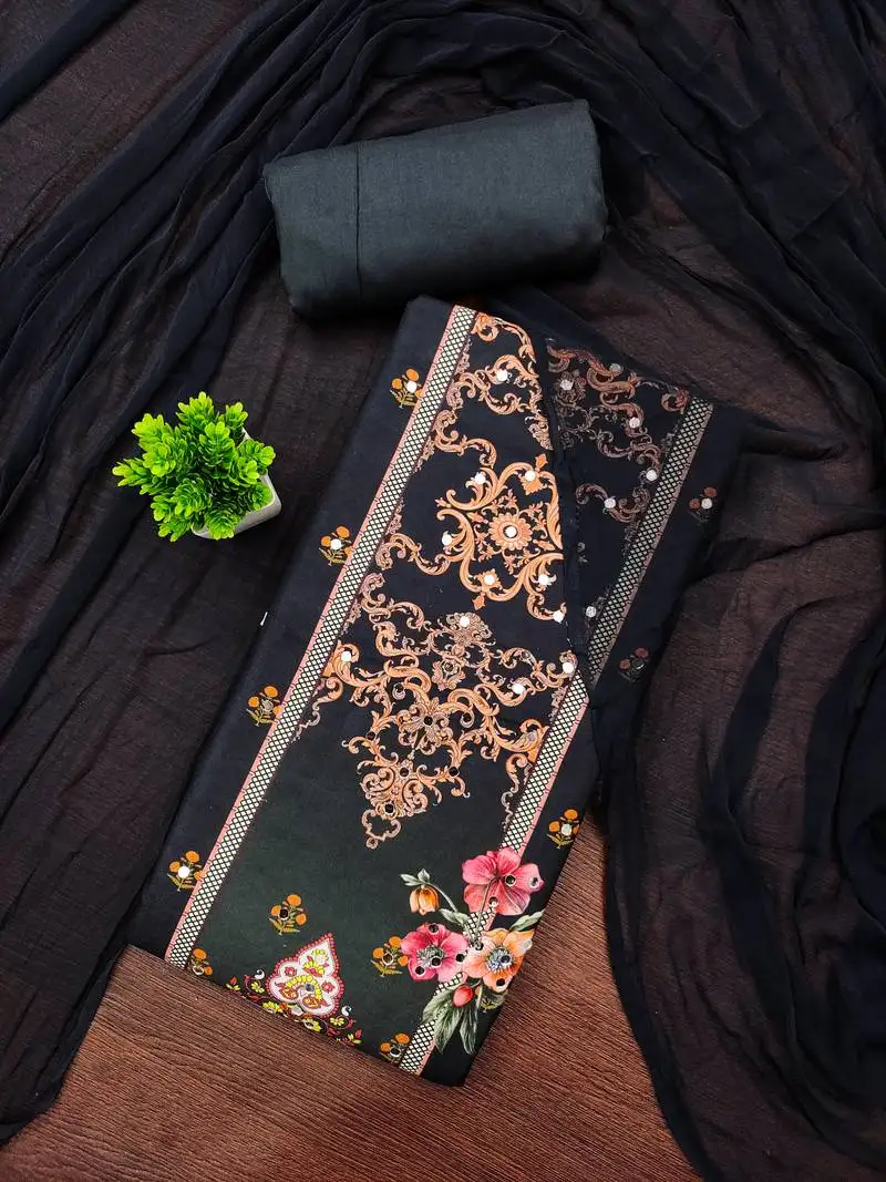 Women's multi unstitched print and mirror work rayon cotton dress material (cp9110dgn)