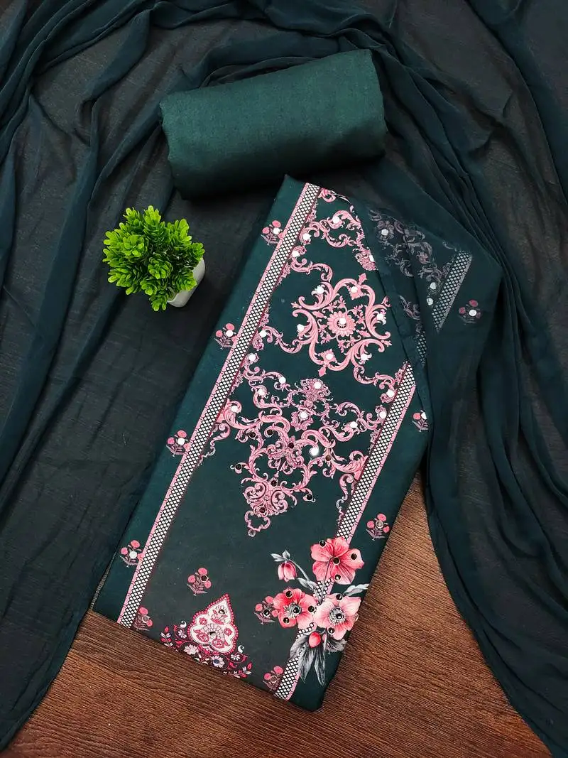 Women's multi unstitched print and mirror work rayon cotton dress material (cp9110grn)