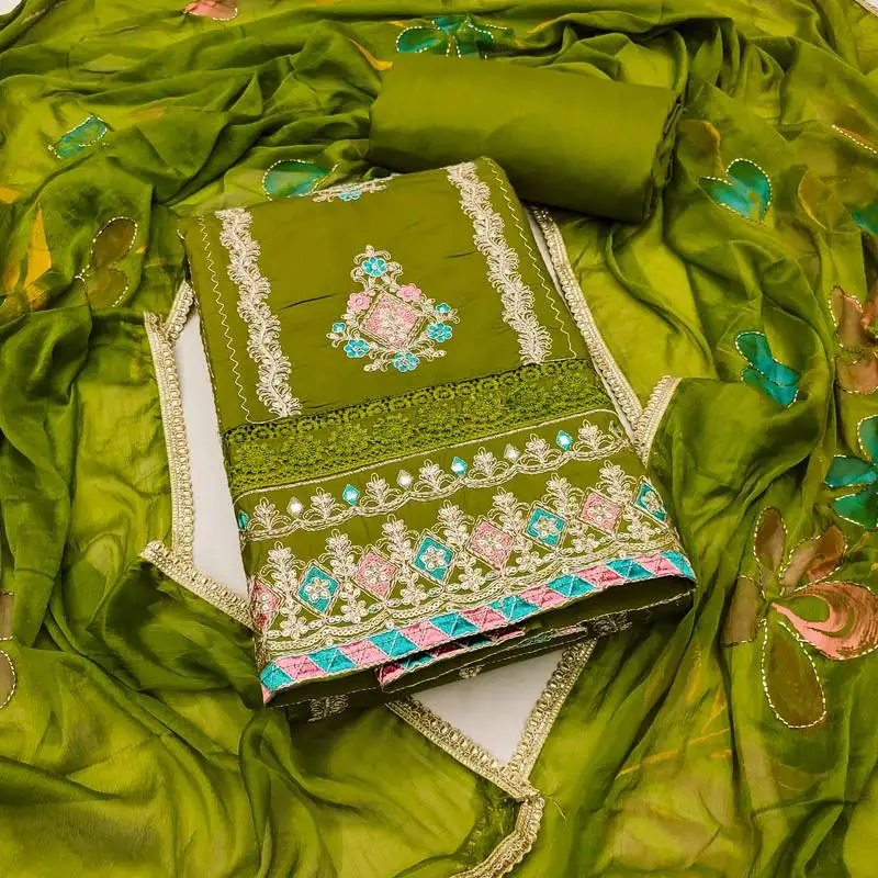 Women's green unstitched heavy embroidery & digital print premium roman cotton dress material (msmfc11592c)