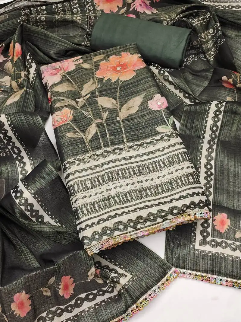 Women's dark green unstitched print & embroidery simmer cotton silk dress material (msmfc11594a)