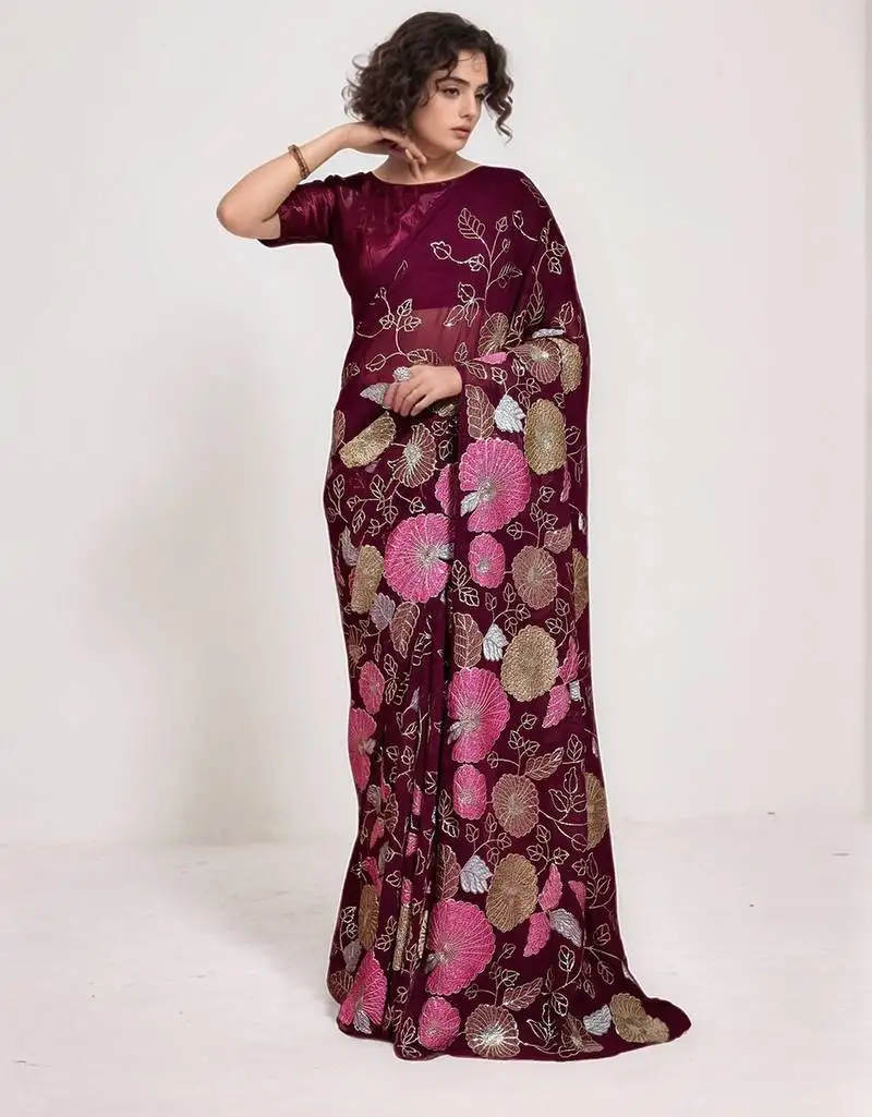 Wine georgette sequins embroidered saree