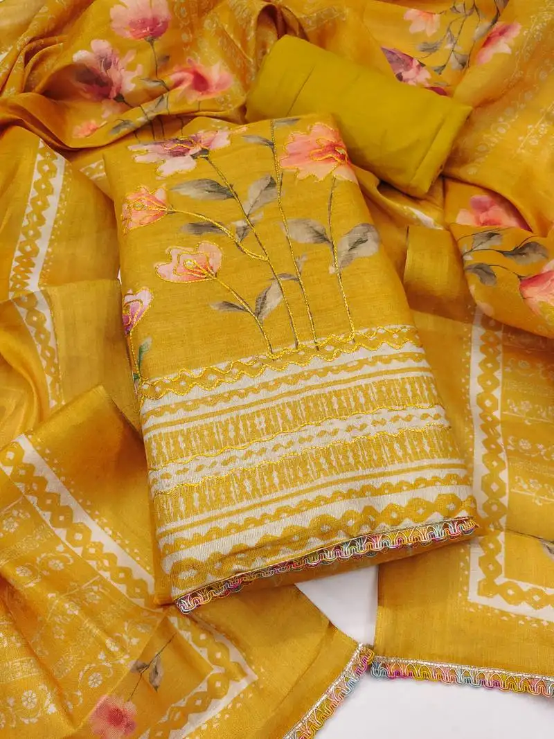 Women's mustard unstitched print & embroidery simmer cotton silk dress material (msmfc11594c)