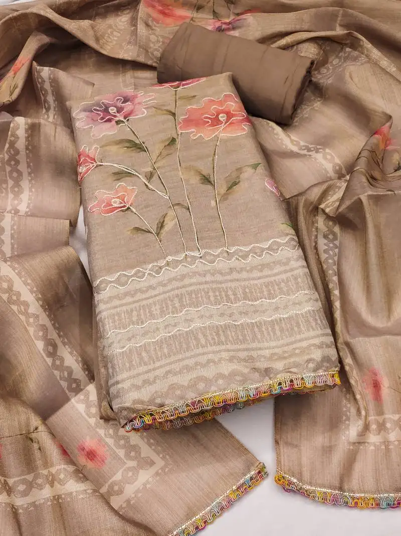 Women's grey unstitched print & embroidery simmer cotton silk dress material (msmfc11594d)