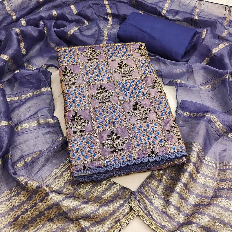 Women's royal blue unstitched thread sequence & embroidery fandy silk dress material (msmfc11596a)