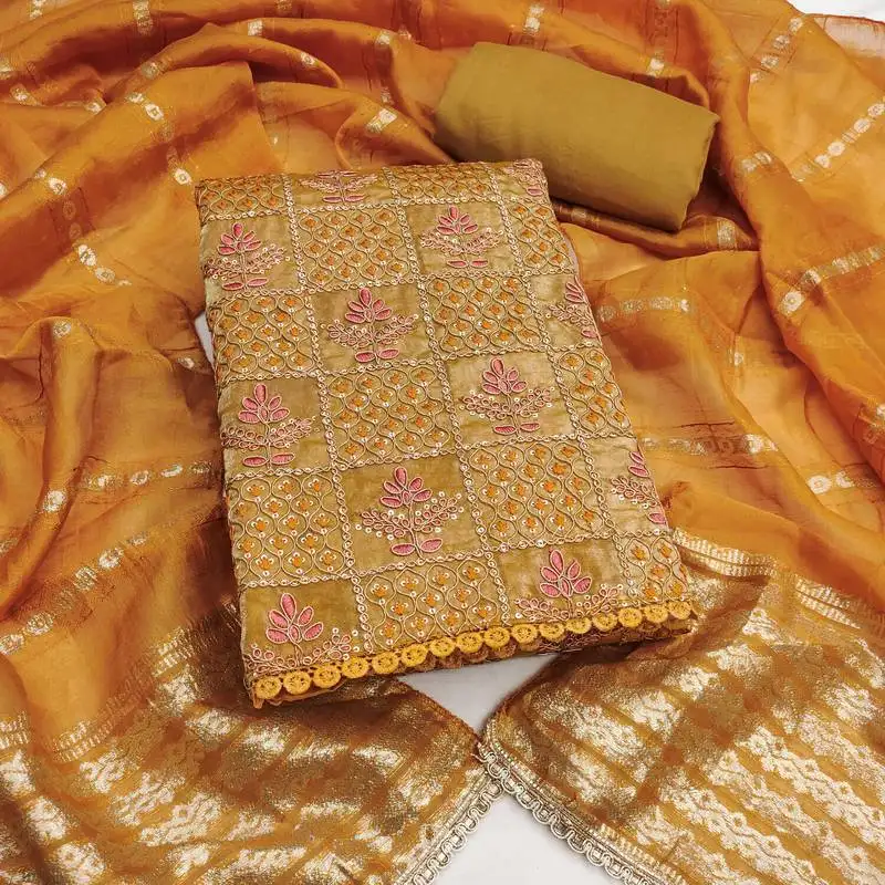 Women's mustard unstitched thread sequence & embroidery fandy silk dress material (msmfc11596b)