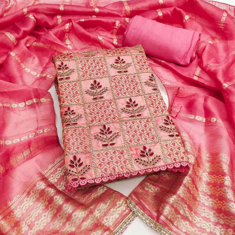 Women's pink unstitched thread sequence & embroidery fandy silk dress material (msmfc11596c)