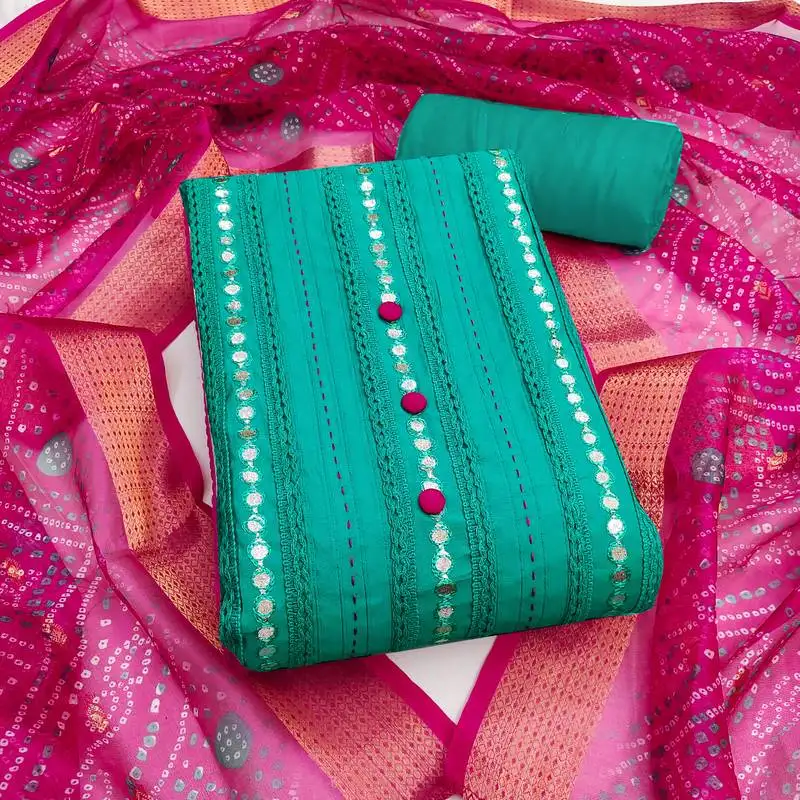 Women's sea green unstitched thread sequence & embroidery premium roman cotton dress material (msmfc11597a)