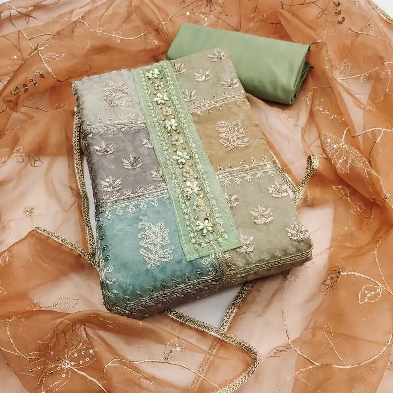 Women's multi unstitched thread sequence embroidery viscose organza dress material (msmfc11601a)