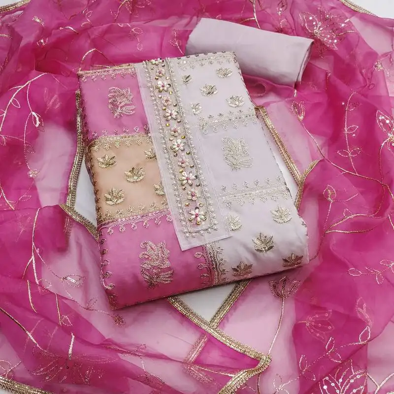 Women's multi unstitched thread sequence embroidery viscose organza dress material (msmfc11601b)