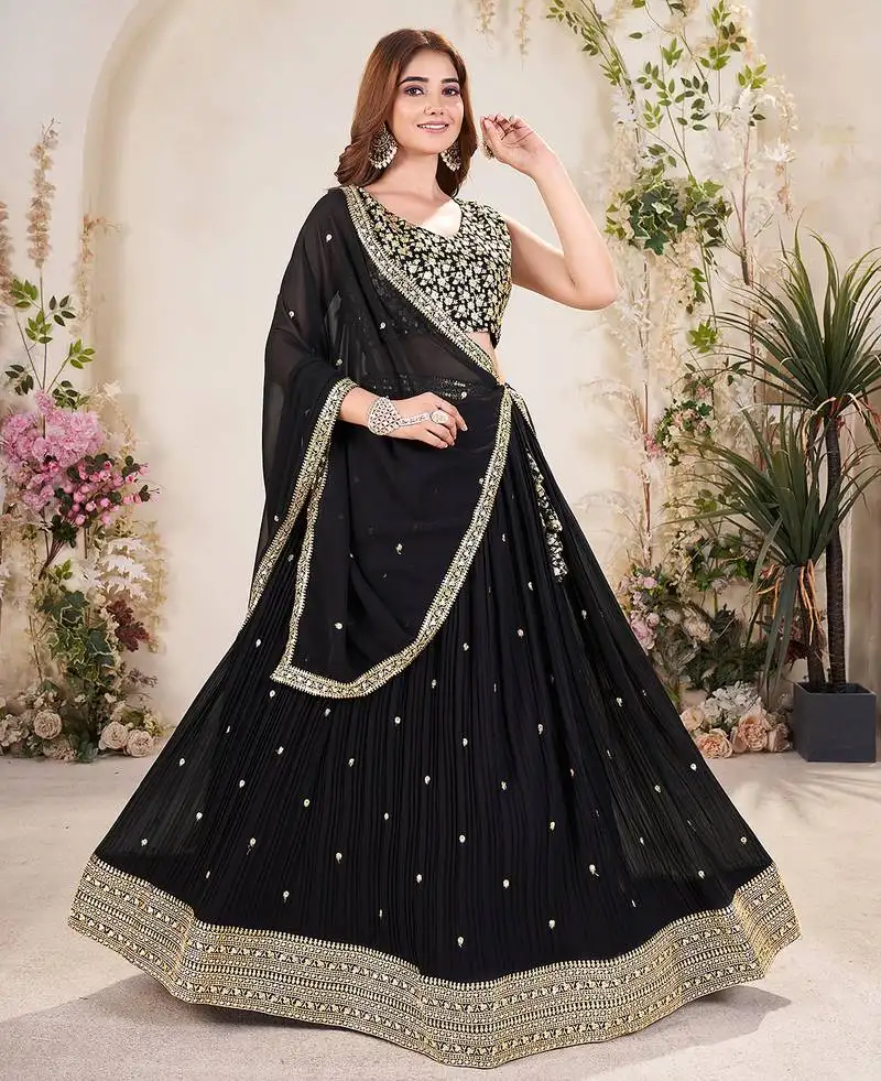 Black embellished sequinned lehenga with unstitched blouse and dupatta
