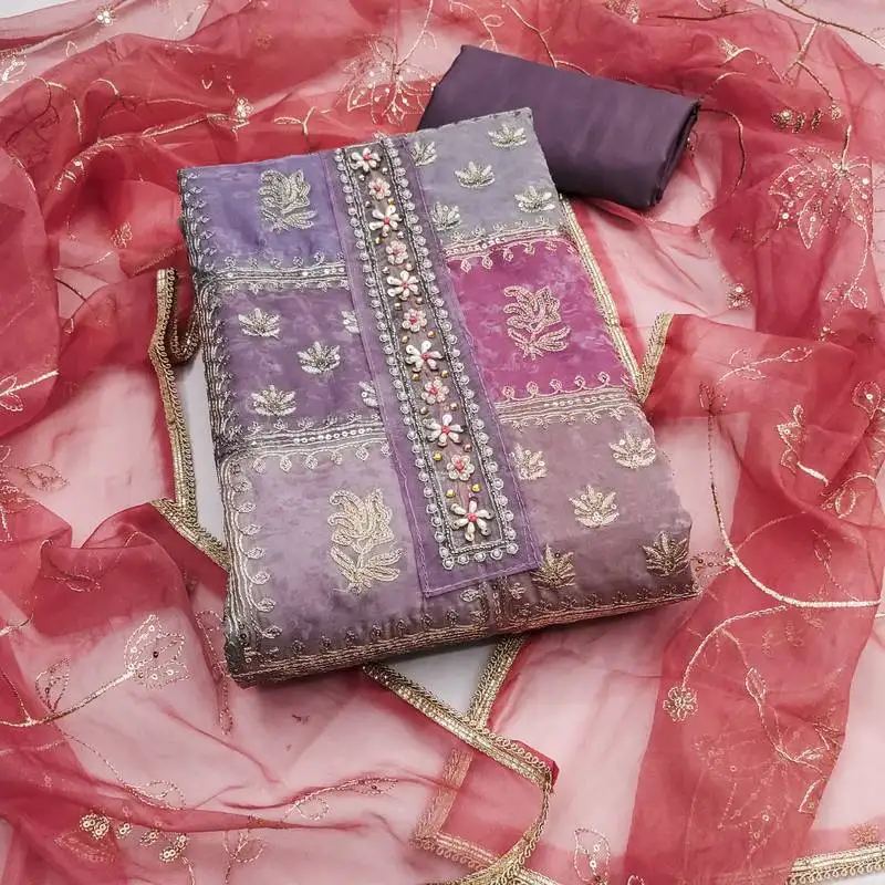 Women's multi unstitched thread sequence embroidery viscose organza dress material (msmfc11601c)