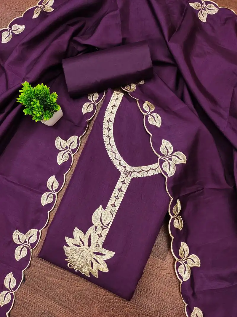 Women's purple unstitched heavy thread embroidery cotton dress material (mt662ppl)