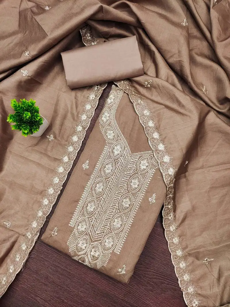 Women's grey unstitched heavy thread embroidery cotton dress material (mt663gry)