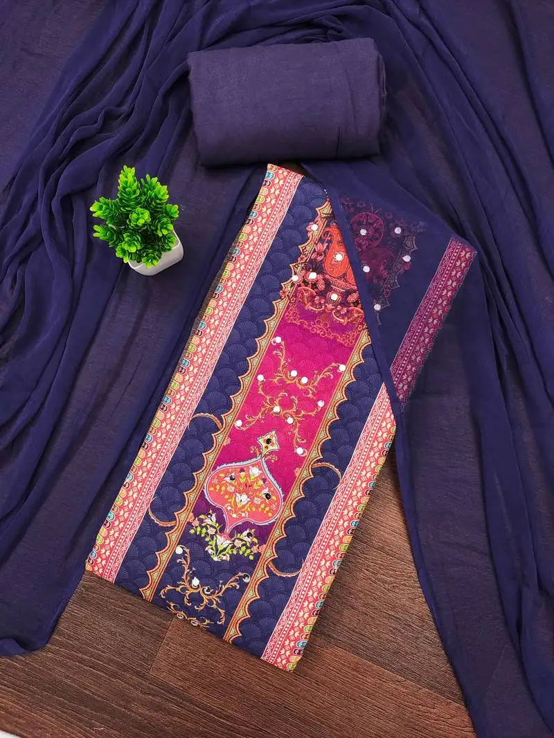 Women's multi unstitched designer print & mirror work rayon dress material (mt664blu)