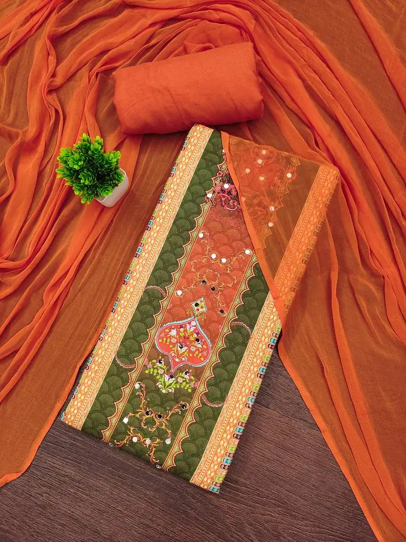 Women's multi unstitched designer print & mirror work rayon dress material (mt664org)