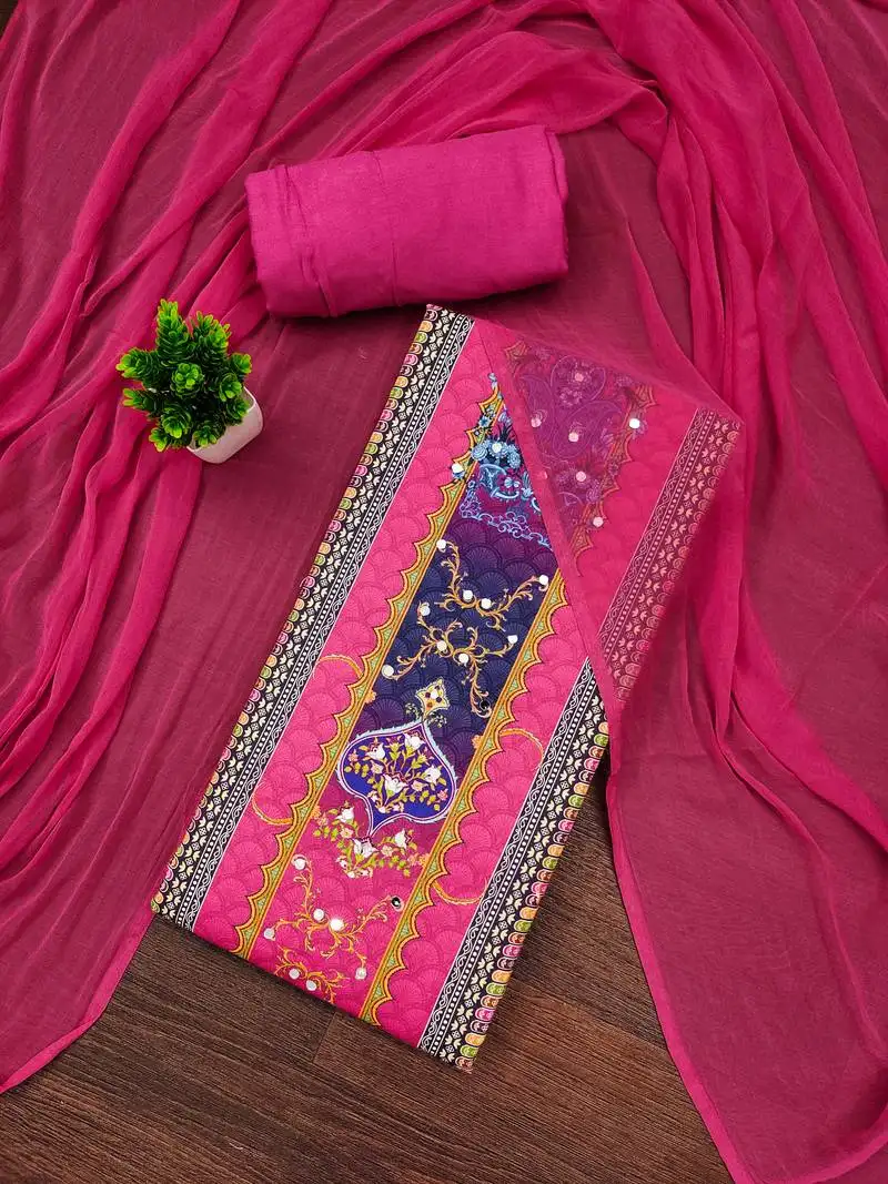 Women's multi unstitched designer print & mirror work rayon dress material (mt664pnk)