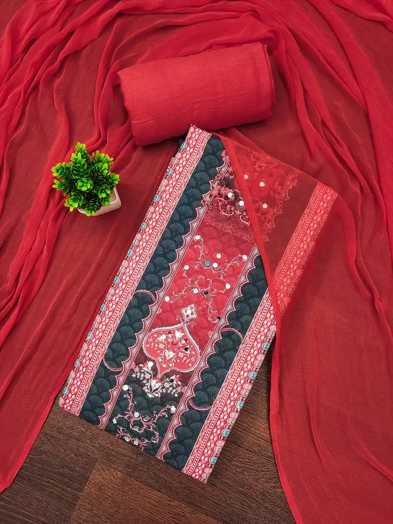 Women's multi unstitched designer print & mirror work rayon dress material (mt664red)