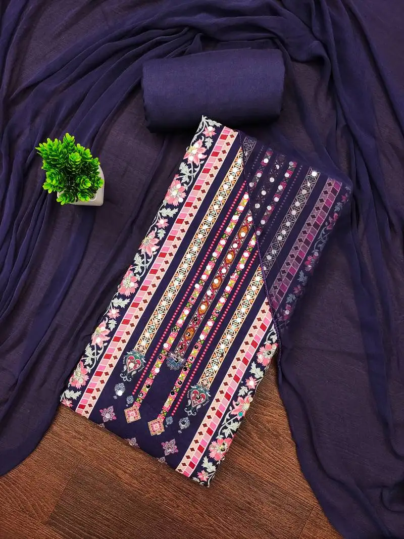 Women's multi unstitched designer print & mirror work rayon dress material (mt665blu)