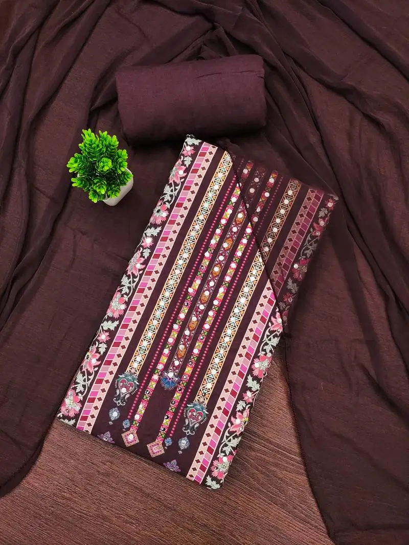 Women's multi unstitched designer print & mirror work rayon dress material (mt665bwn)