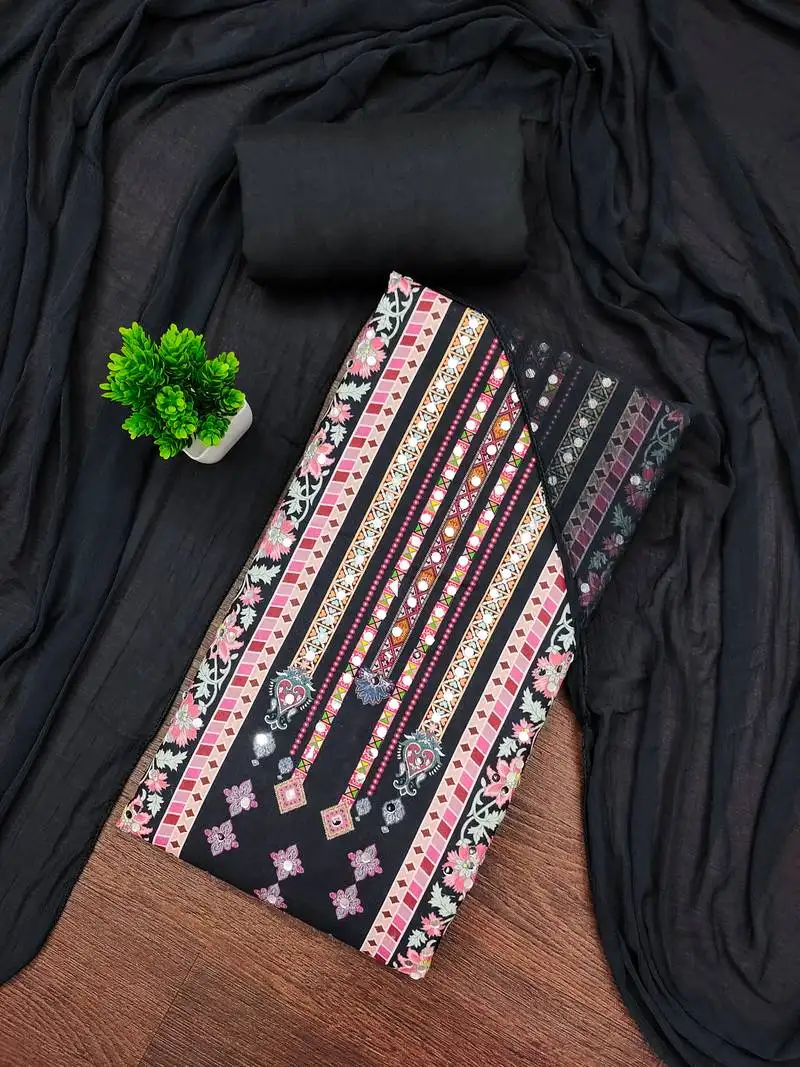 Women's multi unstitched designer print & mirror work rayon dress material (mt665grn)